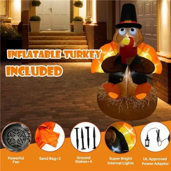 Thanksgiving Inflatable Turkey Outdoor Decorations 6FT Blow Up, Lights